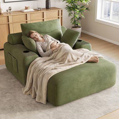69” Floor Chaise Lounge Chair Indoor, Oversized Chaise Lounge Reading Chairs with 4 Side Pockets and 2 Cup Holders, Comfy Corduroy Sleeper Sofa Bed for Living Room Bedroom Apartment, Green