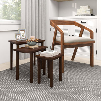 Giantex Nesting Tables Set of 3, Farmhouse Stacking Side Table with Rubber Legs, Wooden Rectangle Accent End Table, Nesting Coffee Tables for Living Room Bedroom (Walnut)