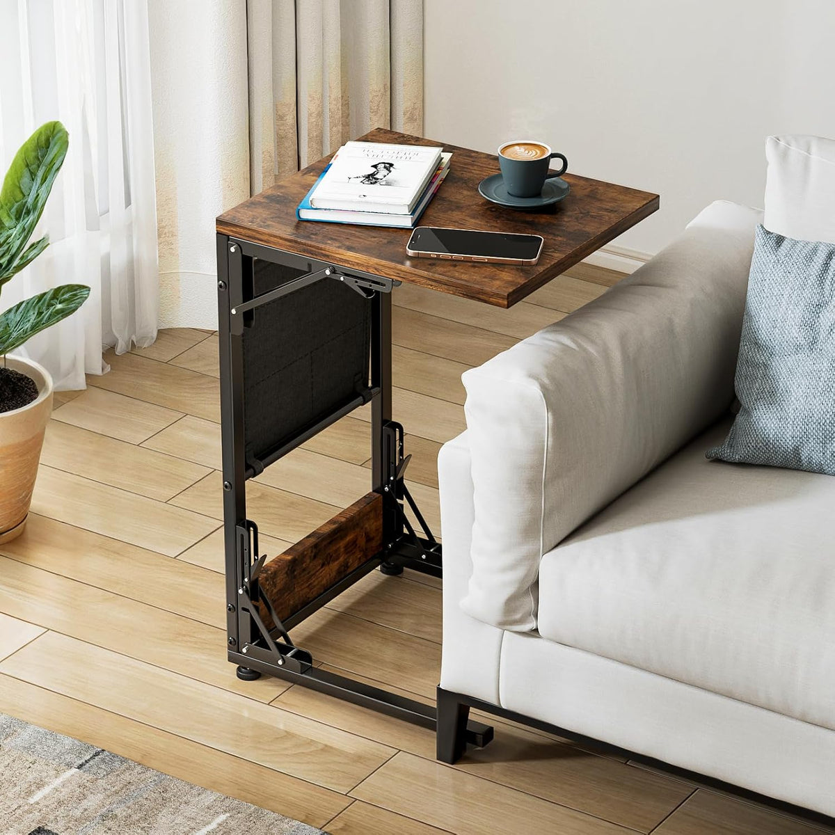 Kufutee Folding TV Tray Table, Small Folding Side Table with Storage Bag, Portable C Shaped End Stand for Couch Sofa Bed, Rustic Brown