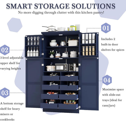 Freestanding Kitchen Pantry 35.5"x17.6"x70.9" Modern Pantry Cabinet with 4 Doors, 2 Door Shelves, 8 Pull-Out Trays and Adjustable Shelf Storage Cabinet Cupboard for Kitchen, Dining Room, Blue