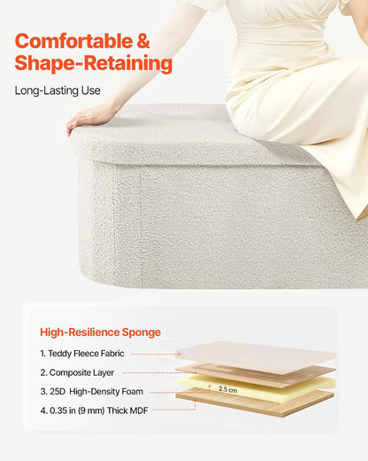 VEVOR Oval Storage Ottoman Bench, Foldable Teddy Fleece End of Bed Bench, Folding Upholstered Bed Ottoman Chest with Large Storage Space, Supports 660 lbs, for Living Room, Bedroom, Entryway, Beige
