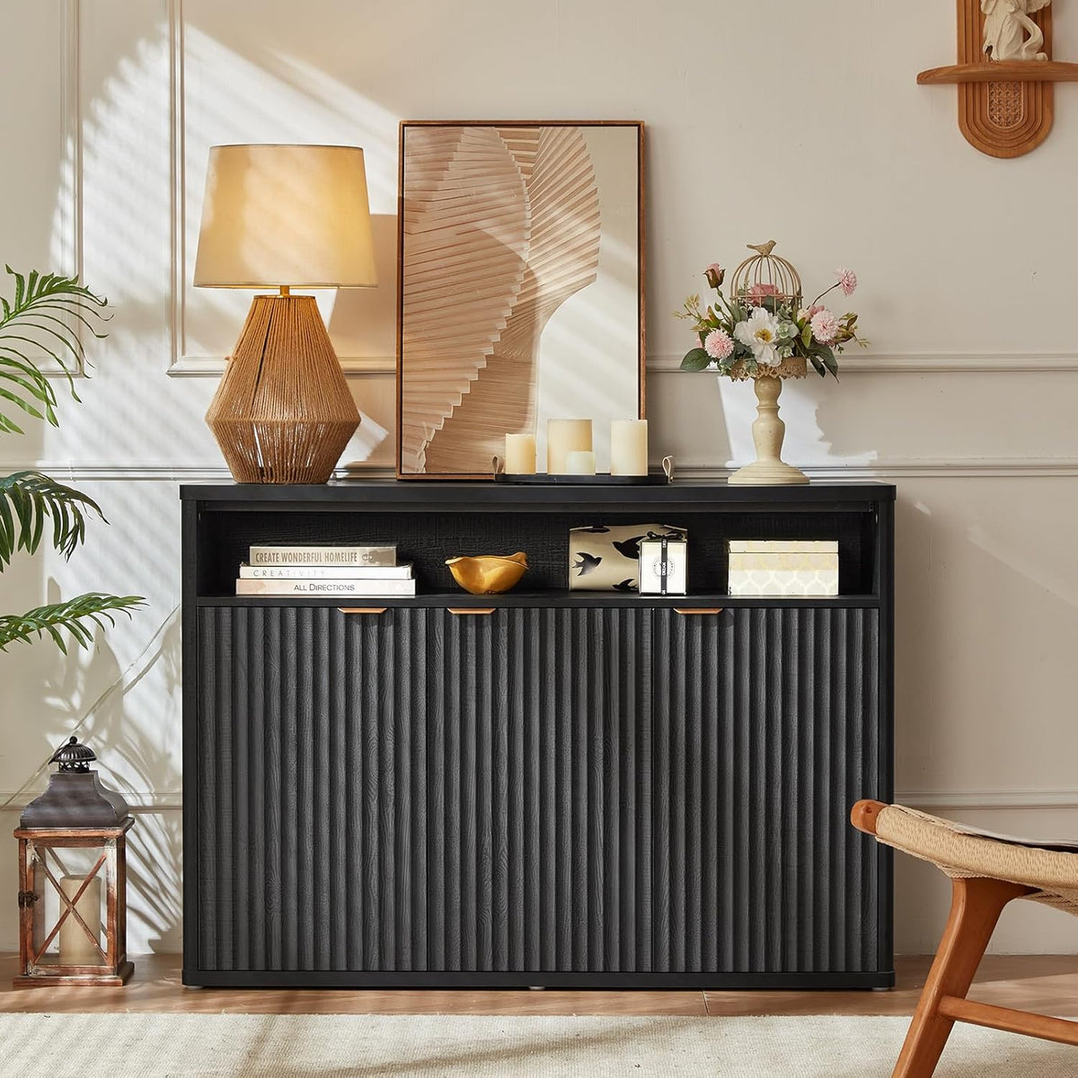 LEYAOYAO Fluted Buffet Cabinet with Storage, 45" Wide Wood Sideboard Credenza with 3 Doors & Open Storage Shelf, Modern Kitchen Console Accent Cabinets, Coffee Bar Table for Dining Room, Black Oak