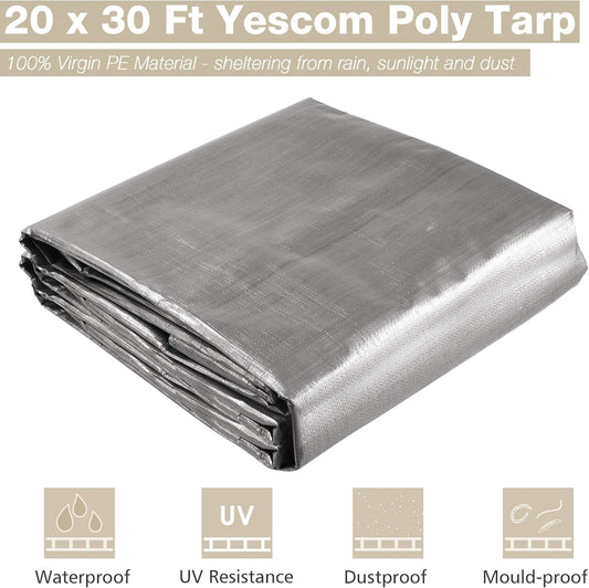Yescom 20x30ft Heavy Duty Reinforced Poly Tarp Waterproof Tarpaulin 10-mil Ground Sheet Camping Tent Cover with Eyelets Reversible Silver Black Tarps