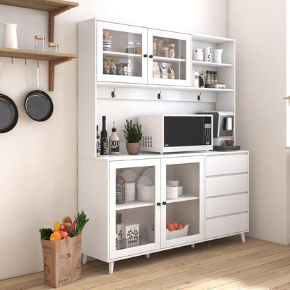 63" W Large Kitchen Hutch Cabinet, Freestanding Pantry Cupboard with 4 Doors, 4 Drawers & Microwave Shelf,for Kitchen Dining Room Bedroom (White#L)