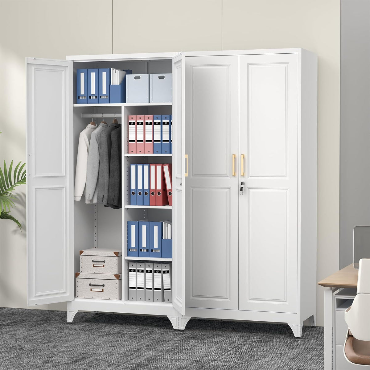 Polup 71" Tall Metal Armoire Wardrobe Closet with Doors and Lock | Wardrobe Cabinet, Hanging Rod, 3 Adjustable Shelves, Steel Clothing Storage Cabinet for Bedroom, Office, Employee, Gym, White
