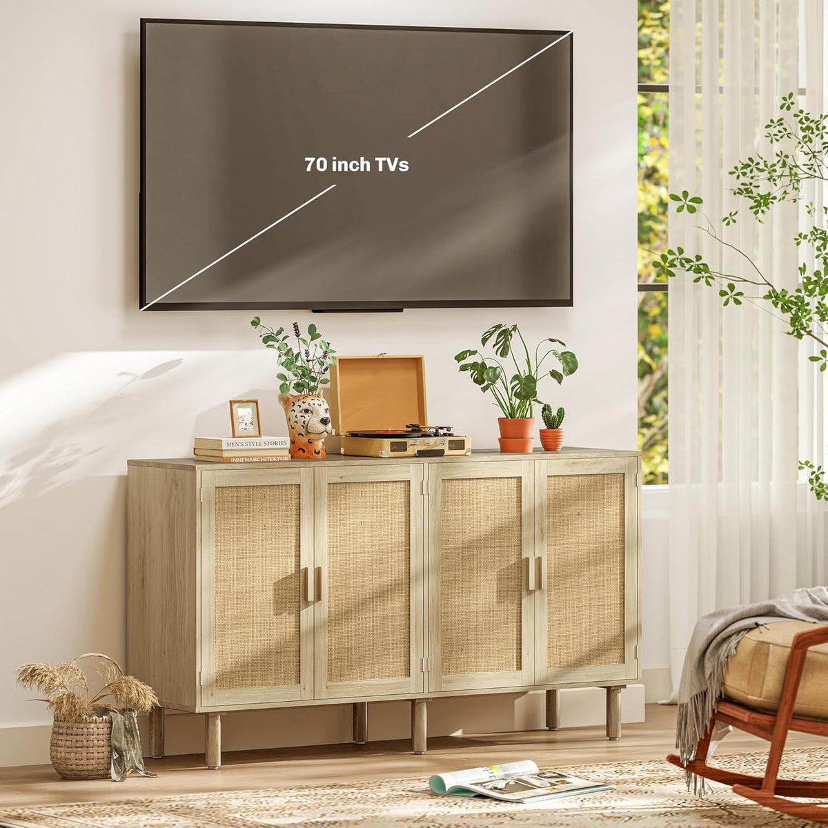 HOMCOM Sideboard Buffet Cabinet, 62" Boho Buffet Table, Rattan Coffee Bar Cabinet with 4 Doors and Shelves for Kitchen, Living Room, Entryway, Natural