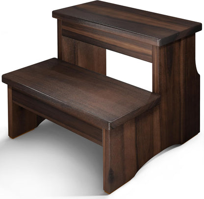 FANATU Wooden Two Step Stool for Adults, Heavy Duty Acacia Wood Bed Step | Compact Bedside Step Stool For Kitchen And Bathroom With Non-Slip Floor Pads, Walnut Finish, Supports Up To 450 Lbs