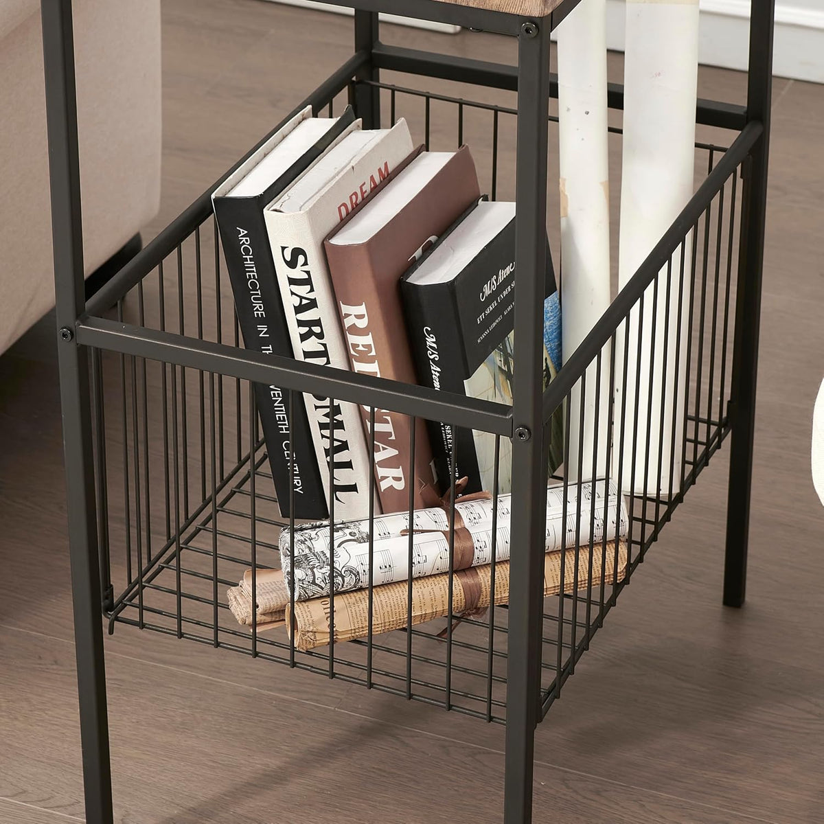 VECELO Tall End Table with Metal Basket,Nightstand with Shelf Storage Organizer, Wood Night Stand with Metal Frame, Waterproof for Bedroom, Living Room, Bathroom
