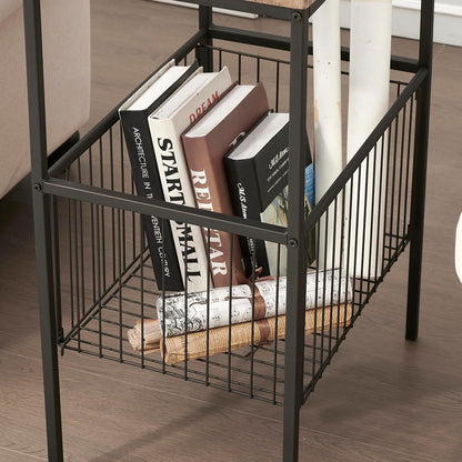 VECELO Tall End Table with Metal Basket,Nightstand with Shelf Storage Organizer, Wood Night Stand with Metal Frame, Waterproof for Bedroom, Living Room, Bathroom