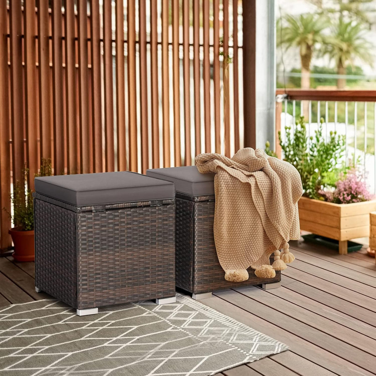 DORTALA Outdoor Storage Ottoman Wicker 2 Piece, Patio Ottomans PE Rattan Foot Rest Footstool with Cushions for Couch, Chair, Grey