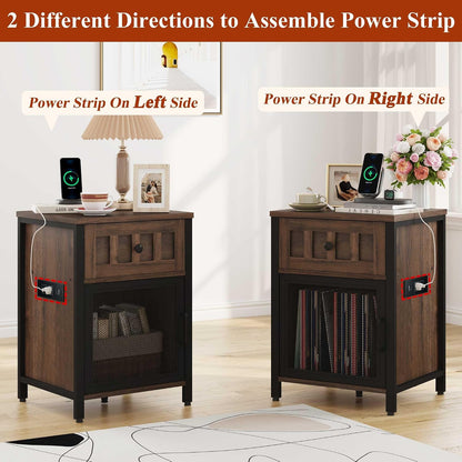 FATORRI End Table with Charging Station, Farmhouse Side Table with Drawer, Rustic Wood and Metal Nightstand and Bedside Tables for Living Room (Rustic Brown)