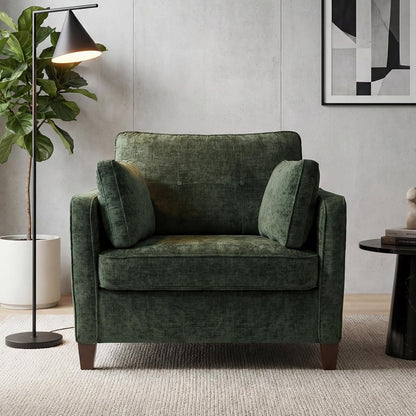 Luxury Oversized Accent Reading Chair for Living Room, 41", Chenille, Green | Upholstered Piping Single Armchairs with Comfy Tufted Backrest, Wood Legs, 2 Pillows for Bedroom, Office, Reception Area