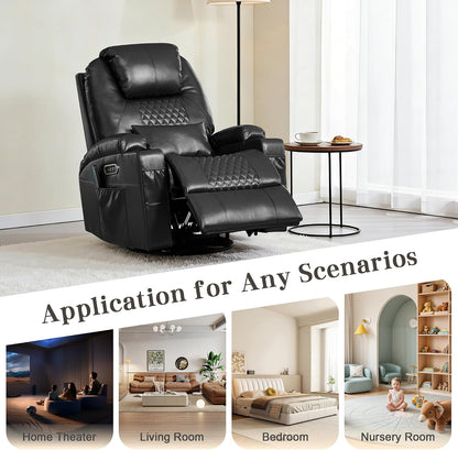 AHMED Dual Motor Power Swivel Rocker Recliner Chair, Faux Leather, Black | Electric Glider Rocking Chair, Massage & Heat, Cup Holders, LED Lights, USB A/USB C Ports