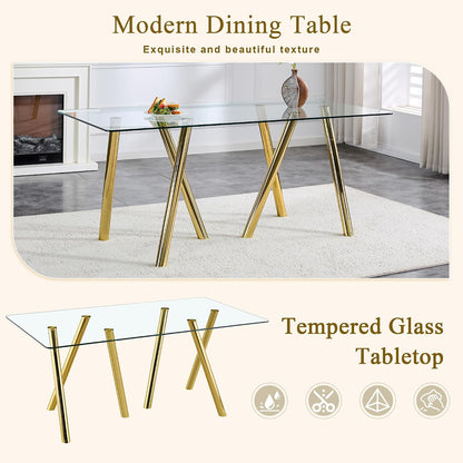 71" Glass Gold Dining Table for 6-8, Modern Dining Room Table with 0.39" Tempered Glass Top and 6 Metal Round Tube Legs, Rectangle Kitchen Dinner Table for Dining Room