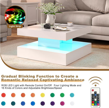 HedoAjim White LED Coffee Table for Living Room, 2-Tier Square Center Table Living Room Table, Modern High Glossy Contemporary Wood Coffee Tables with Storage, Suitable for Dining Reception