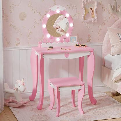 TOLEAD Girls Vanity with Lights, Mirror and Stool, Kids Make Up Vanity Set with Storage Space, Wing Pattern for Little Girls, Toddler Princess Makeup Dressing Table with Chair Set, Pink