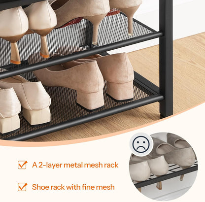HOOBRO Small Shoe Bench, 3-Tier Shoe Rack, Shoe Storage Bench with PU Seat Cushion, Entryway Shoe Rack Bench with Metal Mesh Shelves, Freestanding Shoe Organizer for Hallway, Brown CB33HX01