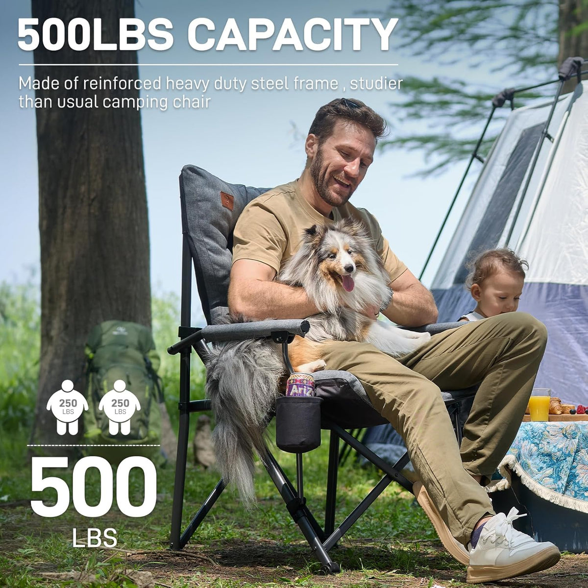 EVER ADVANCED Padded Oversized Folding Camping Chair for Adults, Heavy Duty Lawn Chair with Side Pockets, Portable Collapsible Quad Chair for Outside, Support Up to 500lbs, Grey 2Pack