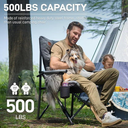 EVER ADVANCED Padded Oversized Folding Camping Chair for Adults, Heavy Duty Lawn Chair with Side Pockets, Portable Collapsible Quad Chair for Outside, Support Up to 500lbs, Grey 2Pack