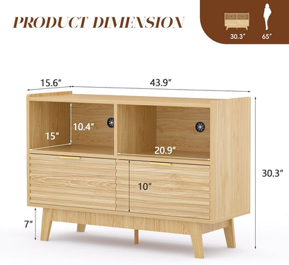 Fluted Buffet Sideboard Oak, Modern Storage Cabinet w/Cord Cutout, Accent Cabinet with Solid Wood Legs, Console Table w/Swing Doors & Open Shelves, Credenza for Living Room, Hallway, Entryway