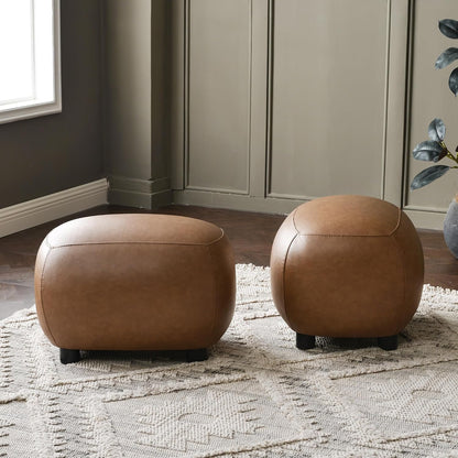 KINWELL 23" Wide Faux Leather Upholstered Ottoman Set of 2, Camel | Living Room Footrest with Soft Padded Seat, Mid-Century Modern Entryway Footstool for Bedroom, Entryway or Living Room