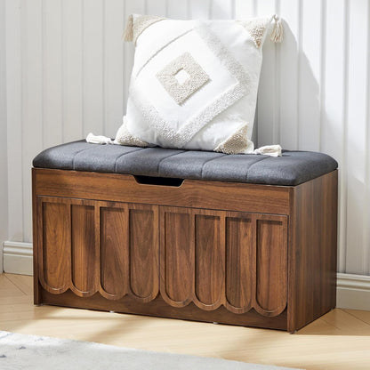 ORRD Shoe Storage Bench with Cushion, Entryway Shoe Cabinet Bench with 2 Scalloped Doors & Adjustable Shelf, 2-Tier Shoe Rack Organizer Cabine for Entryway, Hallway, Living Room (Walnut)