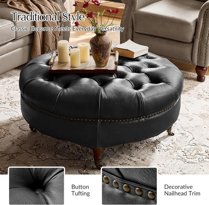 HULALA HOME 40" Genuine Leather Coffee Table, Large Round Button Tufted Coffee Table with Rolling Wheels, Solid Wood Legs, Nailhead Trim, Upholstered Ottoman Seating for Living Room, Black