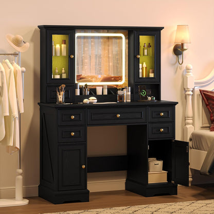 HUANLEGO Farmhouse Makeup Vanity Desk with Mirror and LED Lights, Black | Vanity Mirror with Lights Desk for Women, Makeup Table Set with RGB Cabinet and 6 Drawers, Charging Station, 3 Light Modes