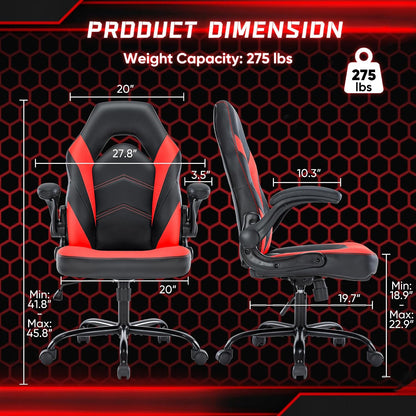 OLIXIS Computer Gaming Chair, Lumbar Support, Video Game | PU Leather, Flip-up Armrests, Adjustable Height, 360° Swivel Wheels, Ergonomic Home Office Desk, Black and Red