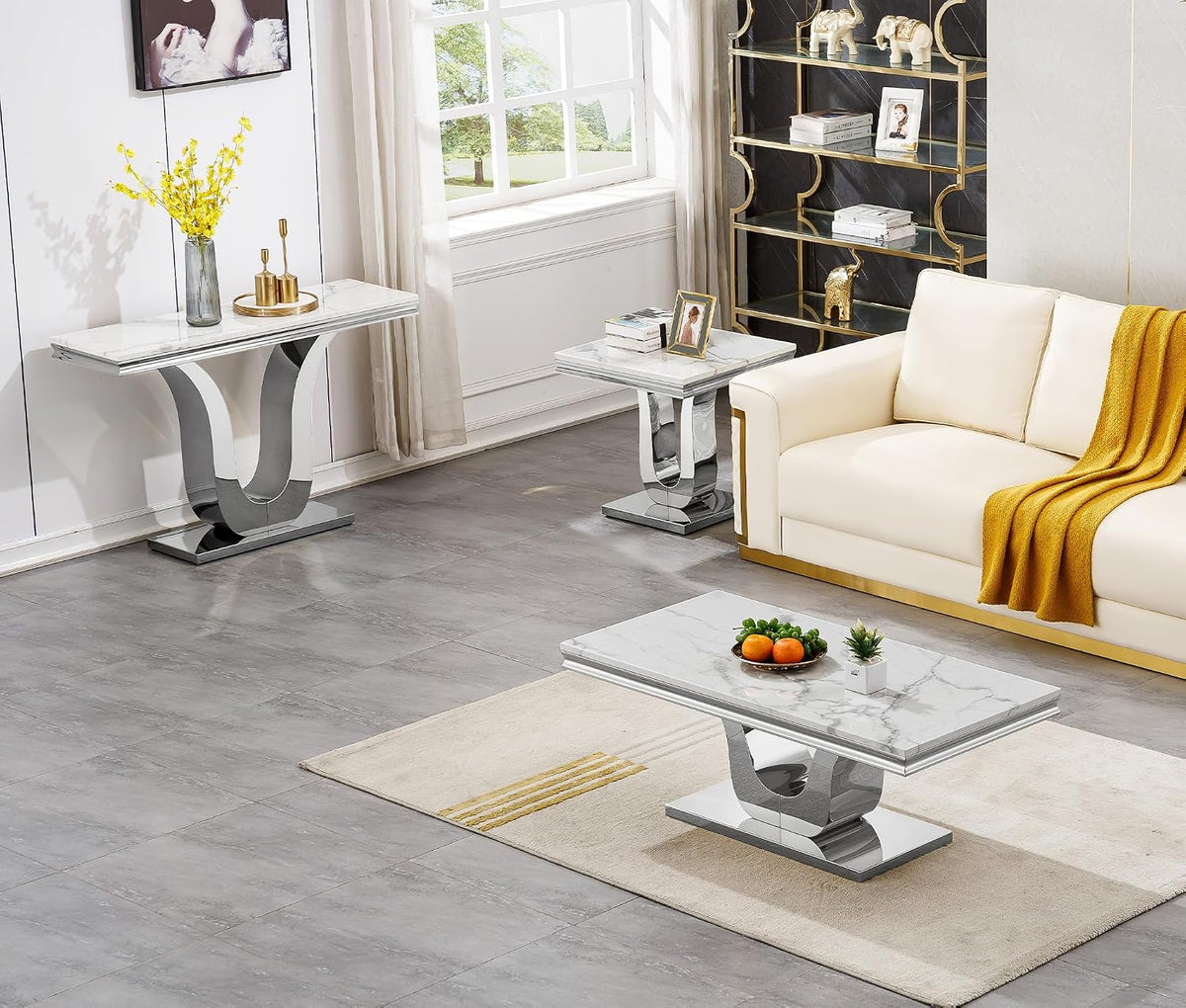 SSLine Modern White Faux Marble Console Table Luxury Entryway Table with Silver Pedestal Base 46.8" Mid-Century Elegant Sofa Table w/Mirrored Stainless Steel Frame for Living Room Hallway