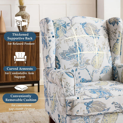 EROMMY Floral Accent Chair, Comfortable High Back Upholstered Armchair with Solid Wood Legs, Leisure Single Sofa Chair for Living Room, Home Office, Bedroom, Blue Floral