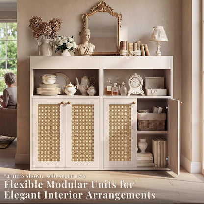 Rattan Bathroom Storage Cabinet, Freestanding Floor Organizer with Anti-Tip Devices and Adjustable Shelf, Kitchen Pantry for Living Room, Dining Room, White