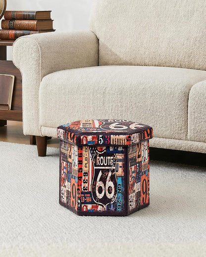 B FSOBEIIALEO Route 66 Storage Ottoman Hexagonal, Faux Leather Foot Rest Seat for Living Room, Storage Organizer 16.93"x15"x15"