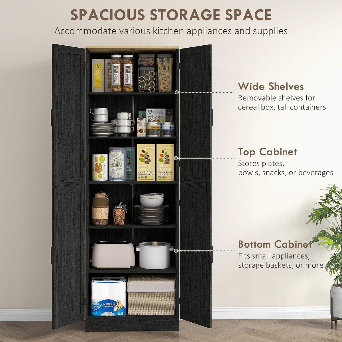 4-Door Farmhouse Freestanding Kitchen Pantry Cabinet with Flexible Adjustable Shelves, Distressed Black Finish and Contemporary Design