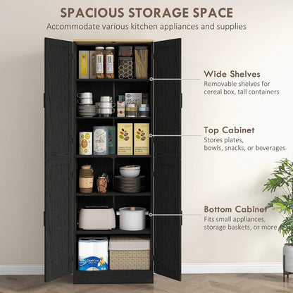 4-Door Farmhouse Freestanding Kitchen Pantry Cabinet with Flexible Adjustable Shelves, Distressed Black Finish and Contemporary Design