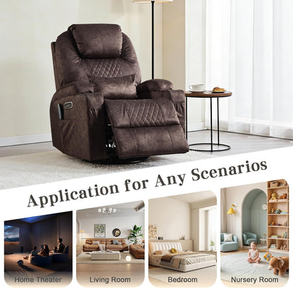 AHMED Dual Motor Power Swivel Rocker Recliner Chair, Velvet Brown | Electric Glider Rocking Chair, Massage & Heat, Cup Holders, LED Lights, USB A/USB C Ports
