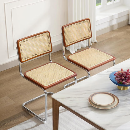 Flouki Rattan Dining Chairs Set of 2, Boho Accent Chairs for Kitchen Room with Natural Cane Mesh, Mid Century Cantilever Design, Solid Rubber Wood, Brown