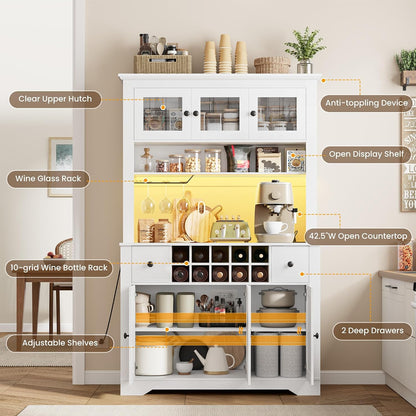 GAOMON 69" Pantry Cabinet with LED Light & Charging Station, Kitchen Pantry Storage Cabinet with Drawer & Adjustable Shelves, Coffee Bar Table for Kitchen Room, Living Room, Dining Room, White