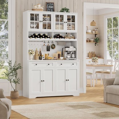 HOSTACK 75" Kitchen Pantry Storage Cabinet, Coffee Bar Hutch Cabinet, White | Tall Pantry Cabinet with Charging Station / Wide Countertop / Glass Doors / Wine Rack / Cup Holder / Drawers, Dining Room