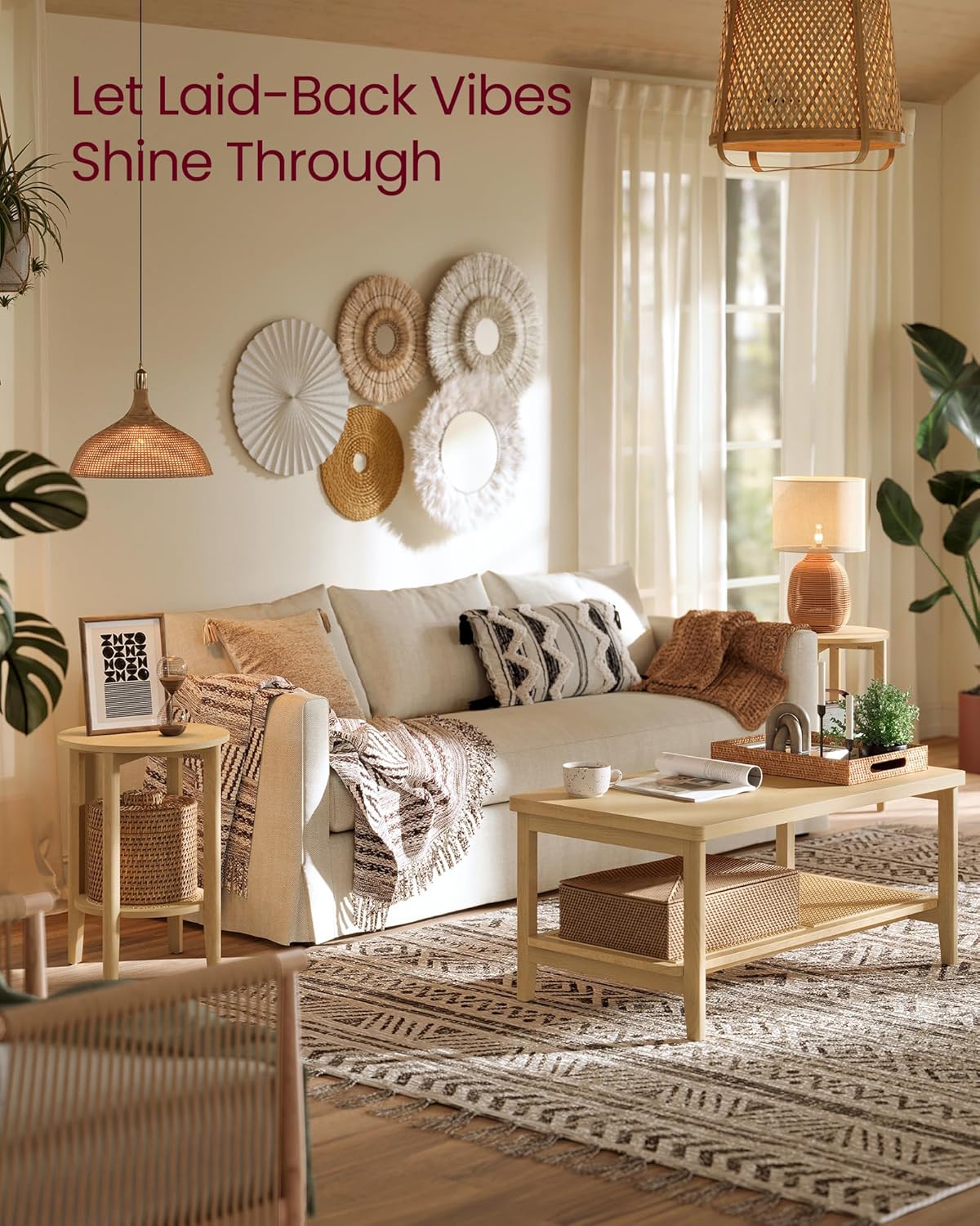 VASAGLE Round Side End Table, 2-Tier Boho Bedside Table with Rattan-Look Storage Shelf, Nightstand for Small Spaces, for Living Room, Bedroom, Home Office, Oak Beige ULET296Y01