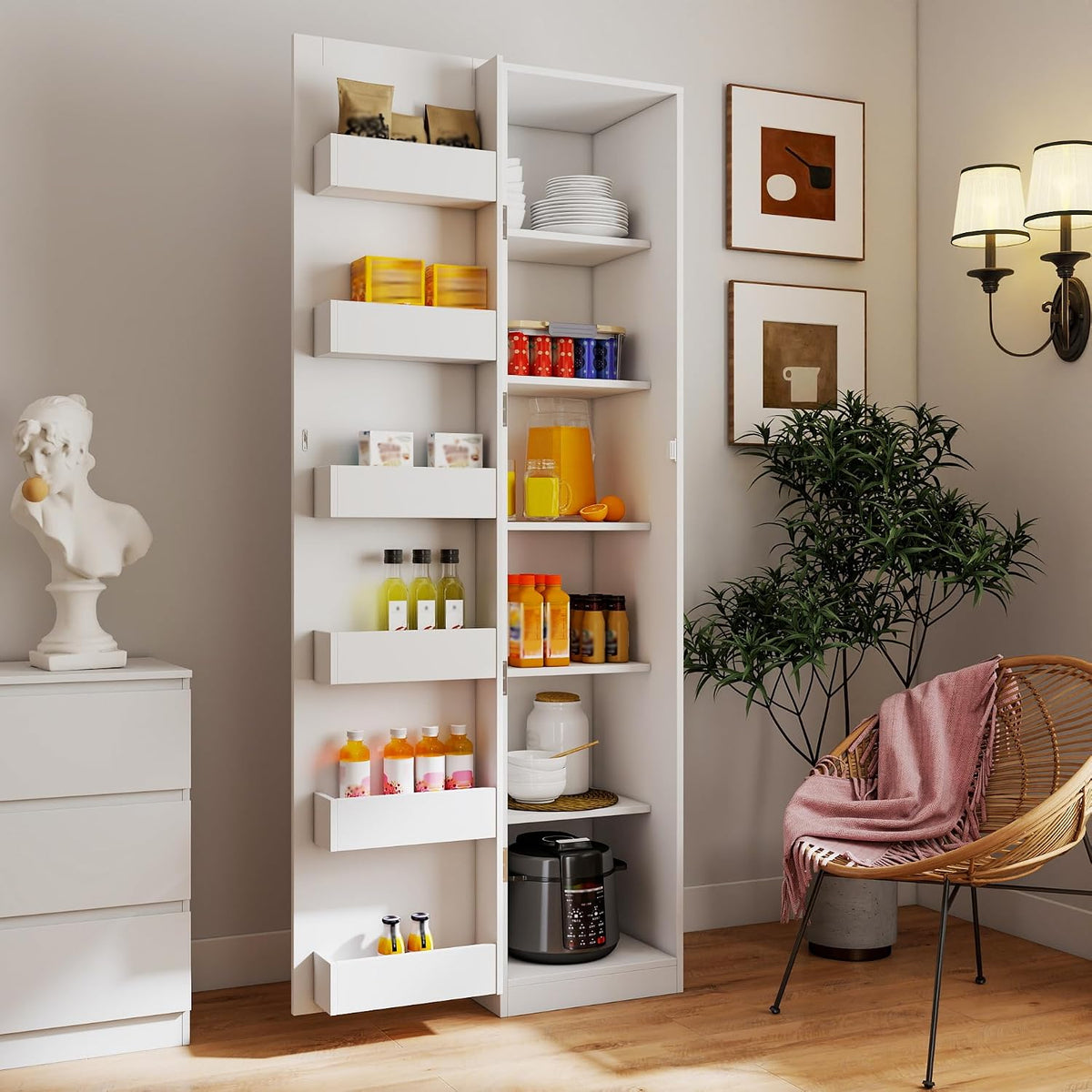 70.87" Narrow Kitchen Pantry Cabinet, Freestanding Buffet Cupboard with 6 Door Shelves & Adjustable Shelves, 6-Tier Slim Storage Organizer for Kitchen, Living Room, Dining Room, White