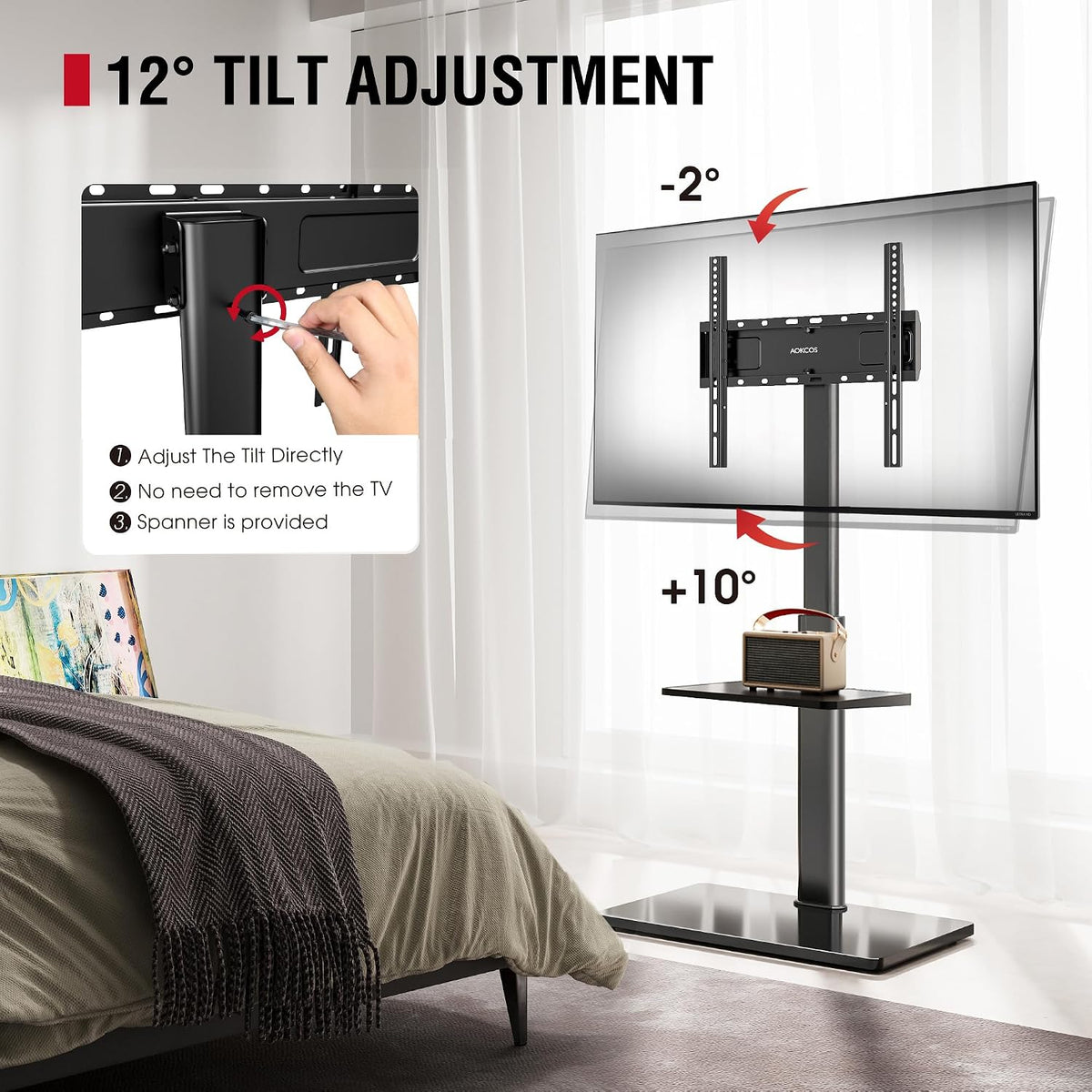 AOKCOS Floor TV Stand with 60-Degree Swivel, TV Floor Stand for 32-65 inch TVs up to 88lbs with Tilt, 8 Level Height Adjustable Tall TV Mount Stand with Shelf, Tempered Glass Base, MAX VESA 400x400mm