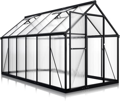 6x11 FTQuick Setup Polycarbonate Greenhouse with Roof Vent, Large Aluminum Walk-in Green House for Outdoor Garden Backyard, Black