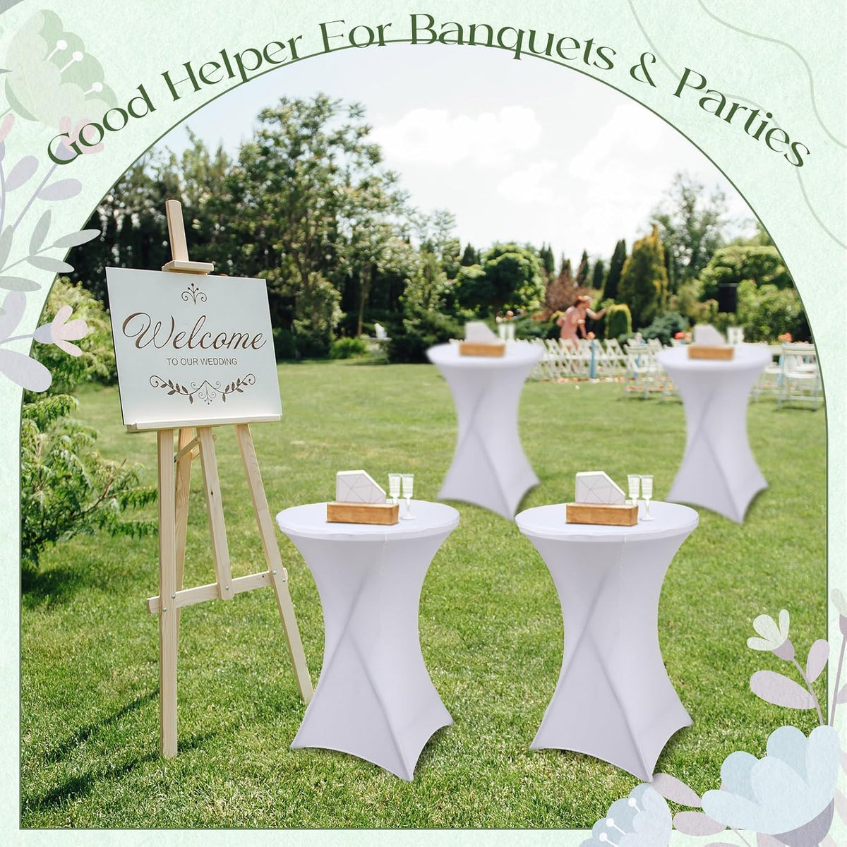 Wenqik 4 Pcs 32'' High Top Cocktail Table White Round Bar Height Folding Table with Removable Legs and 4 Pcs 32x43'' Cocktail Tablecover Spandex Stretch