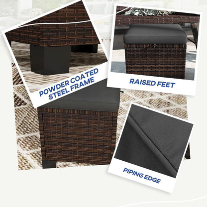 Outsunny 2 Pieces Outdoor Patio Ottomans, All Weather Wicker Footstools with Removable Cushions, 3-in-1 PE Rattan Ottoman Seat, Footrest and Side Table for Backyard, Poolside, Gray