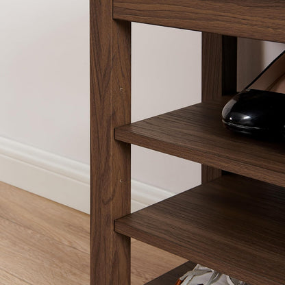 24" Short Entryway Shoe Storage Bench with Cushion, Height Adjustable 3-Tier Rubberwood Shoe Rack with Hidden Compartment, Brown Wood Shoe Organizer for Small Spaces