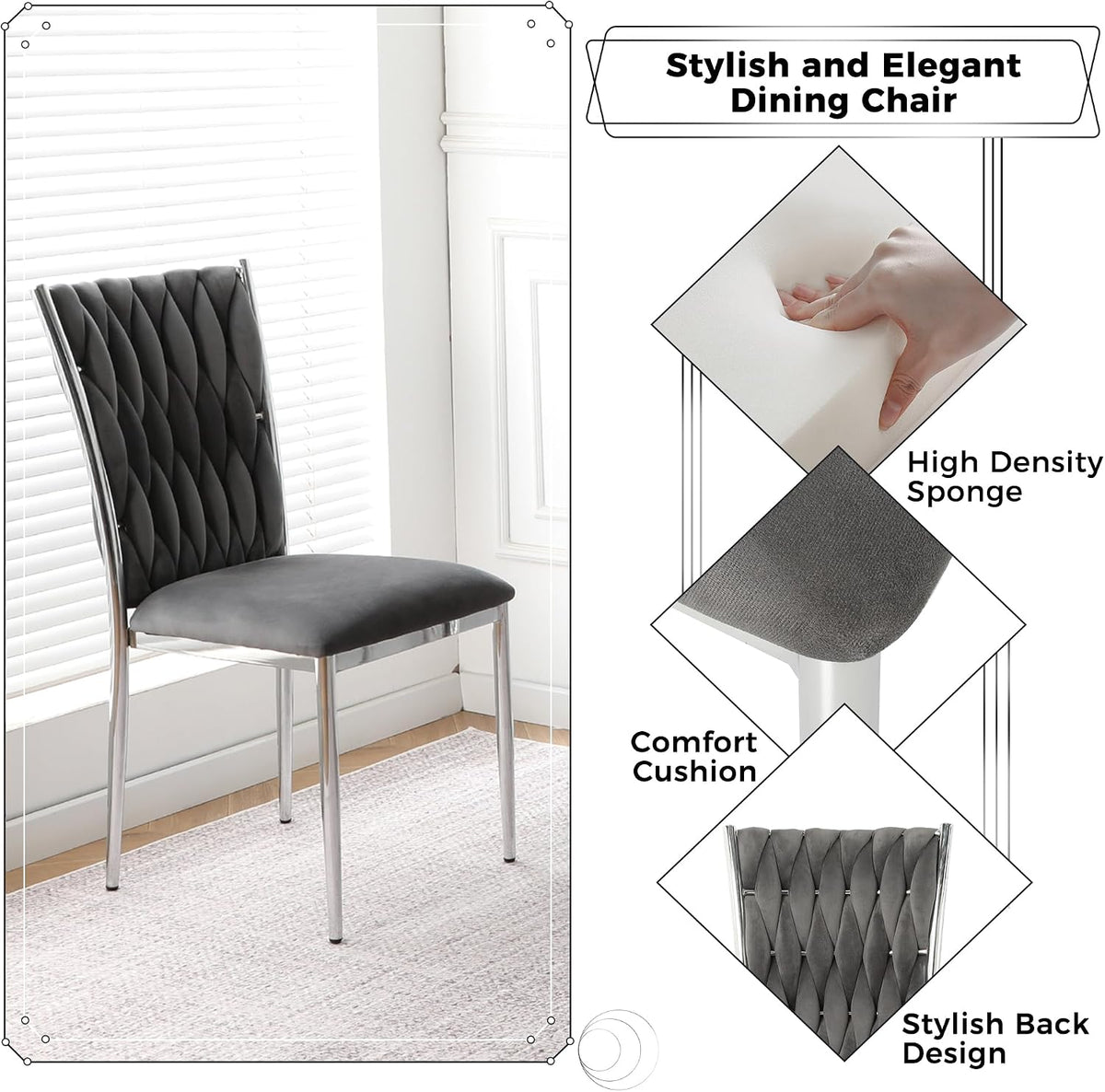 Velvet Dining Chairs Set of 4, Modern Woven Kitchen Chairs with Silver Metal Legs, Upholstered Cushion with High Back, Dirt Resistance, Easy to Install, for Living Room, Dining Room - Dark Grey