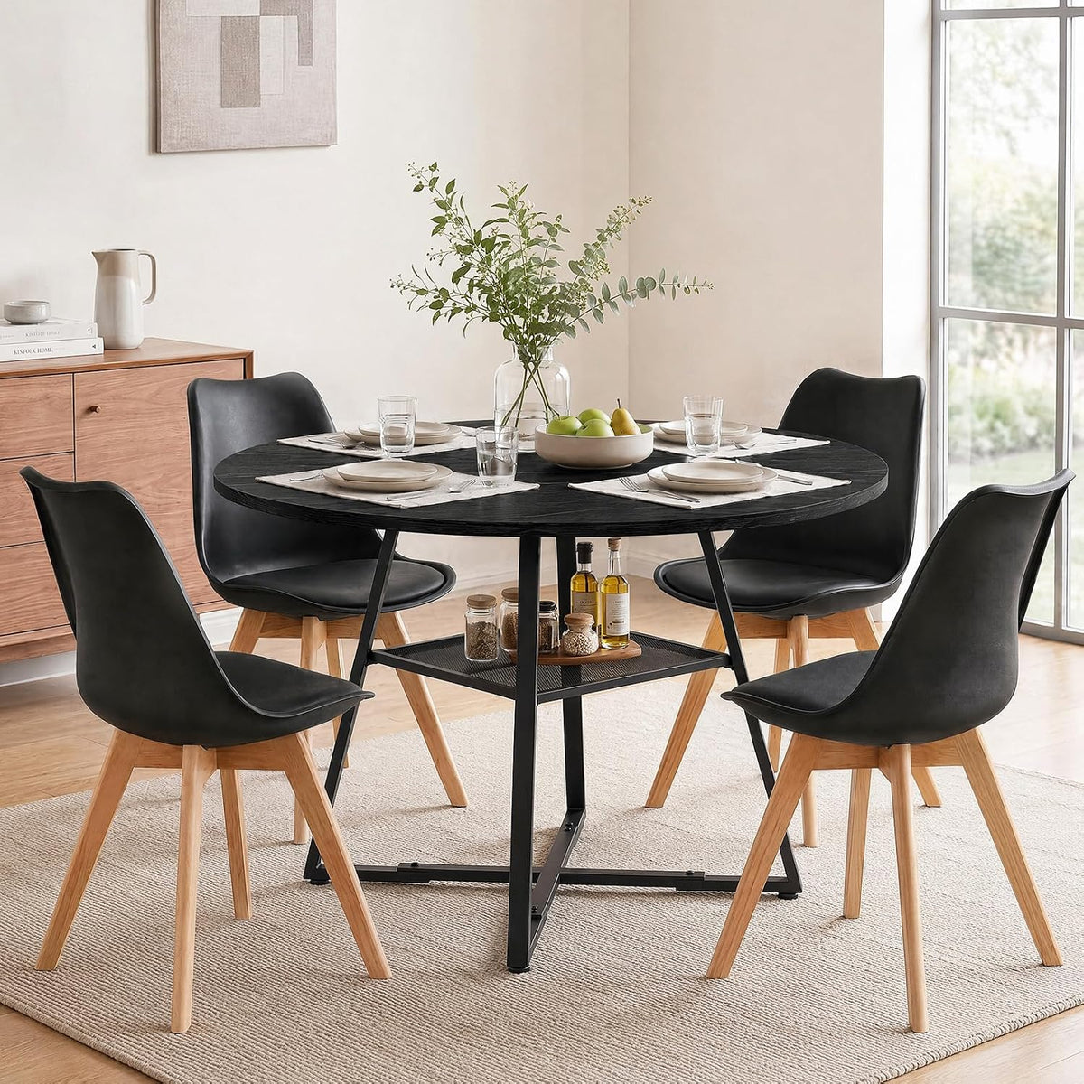 47in Round Dining Table Set for 4, Kitchen Table with Chairs | Circle Table, PU Leather Chair, Metal Cross Base, Storage Shelf, Breakfast Nook, Space-Saving, Apartment, Living Room, Black