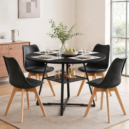 47in Round Dining Table Set for 4, Kitchen Table with Chairs | Circle Table, PU Leather Chair, Metal Cross Base, Storage Shelf, Breakfast Nook, Space-Saving, Apartment, Living Room, Black