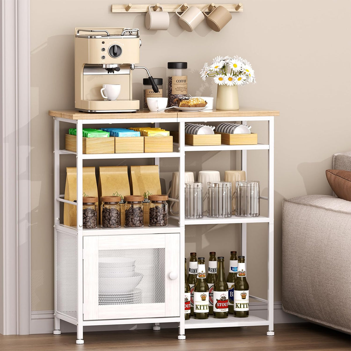 SWTYMIKI Coffee Bar Cabinet Station - Farmhouse Small Coffee Stand Station with Doors, Rustic Storage Organizer for Kitchen, Buffet Sideboard Cabinet Table for Home, Office, Corner, Bar, White